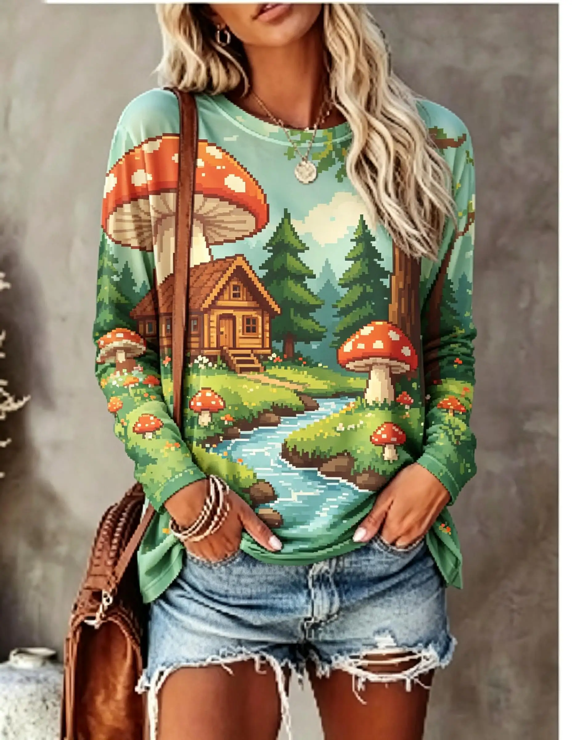 Women Long Sleeve T Shirt Cute Mushroom Forest Cabin Creek Pixel Art Print Crew Neck Casual Fall Tops