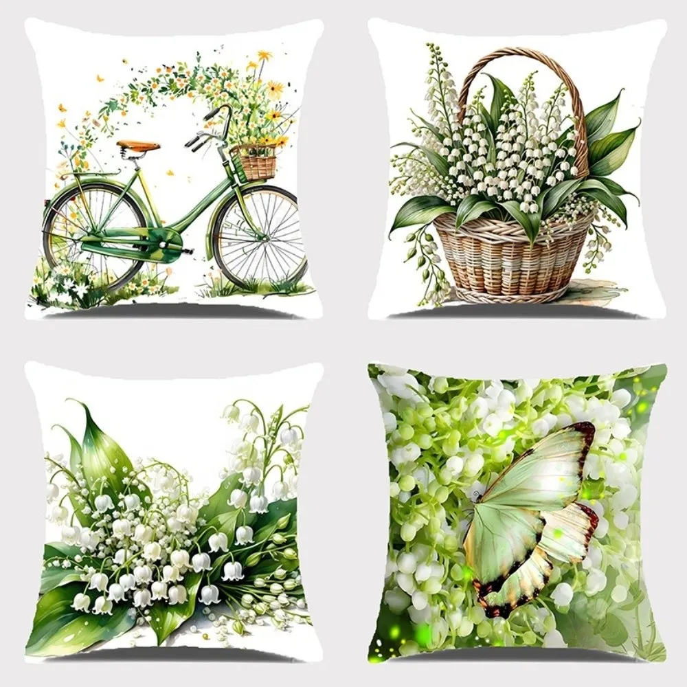 New Lily of the Valley Pillowcase Printed Floral Pattern Short Cushion Cover Zipper 45*45cm Sofa Pillow Case Spring Season