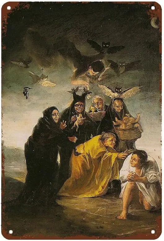 1w,Francisco De Goya-exorcismo o brujas Retro Metal estaño cartel decoración de pared divertido cartel de estaño de Metal para Bar cafetería comedor