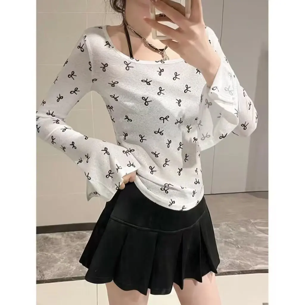 

Sexy Thin Bows Print Long Sleeves T-shirt Female Summer New Korean Fashion T Shirts Slim Fit Slimming Semi-Transparent Top Women