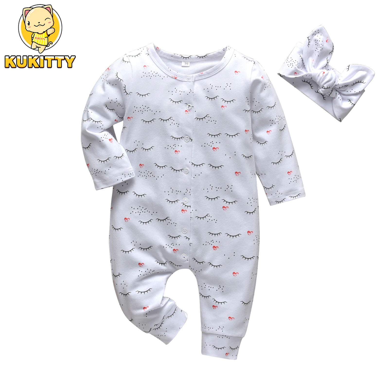 Newborn Infant Baby Girls Snap Romper Spring Autumn Clothes New Fashion Thin Cotton Long Sleeve Jumpsuit Come with Bow Headband