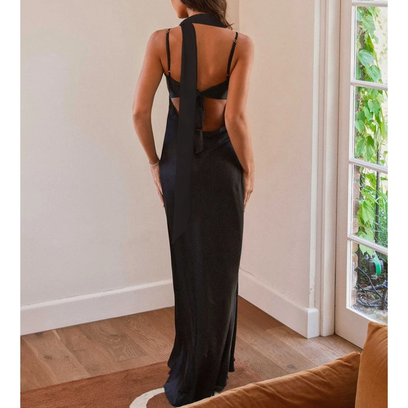 Abito lungo da donna estivo elegante con spalline regolabili, papillon sul retro, con lacci, scollo a V, abito lungo a trapezio setoso con sciarpa