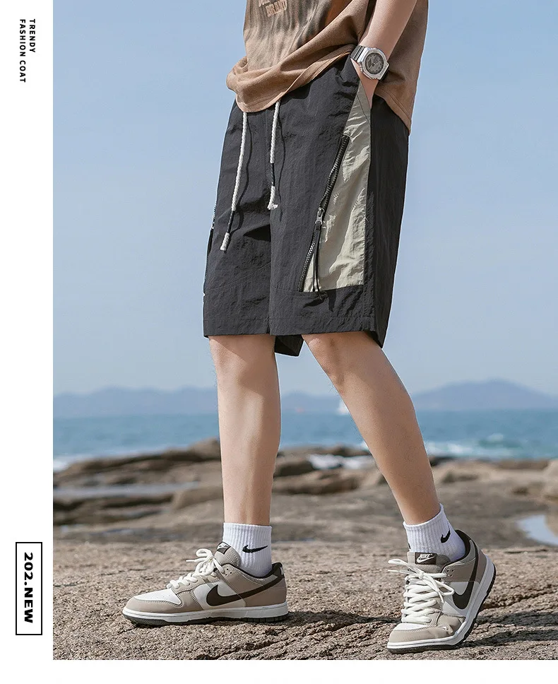 Summer Japanese Retro Color Matching Shorts for Men and Women High Waist Elastic Drawstring Zipper Details Neutral Casual Beach