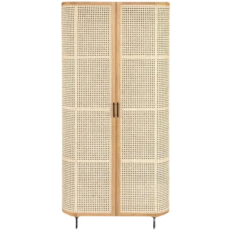 

Nordic solid wood double door wardrobe, retro simple rattan woven storage cabinet, bedroom, raw wood clothing cabinet