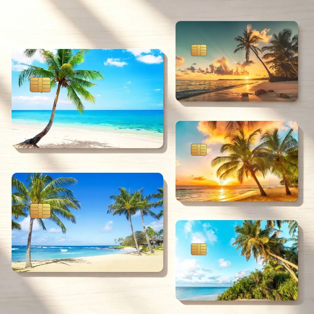 Plam Tree Sea Beach Credit Card Sticker Waterproof Anti-Scratch 4PCS Bank Debit Traffic Cover Decoration