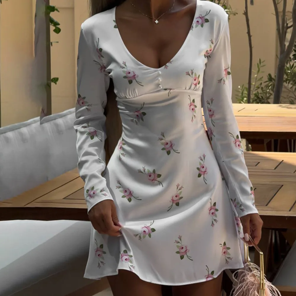 Blifanbo – Mini robe en Satin imprimé à manches longues pour femme, col en v, taille haute, imprimé Floral, ligne a, loisirs, vacances, mode automne