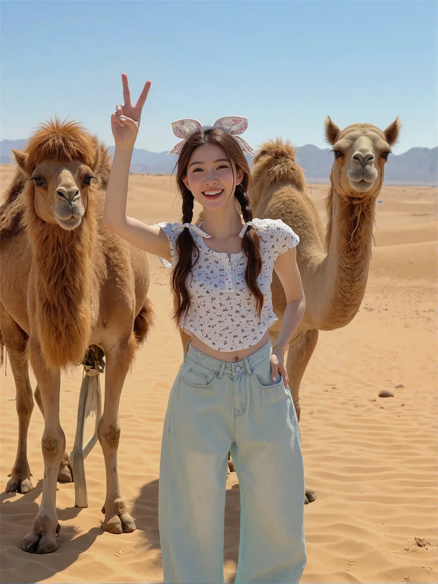 Floor Wide Leg Distressed Jeans Womens Drapey Lady Multiple Beaded Flower Print Cute Gift Artistic Lightweight Quality Side