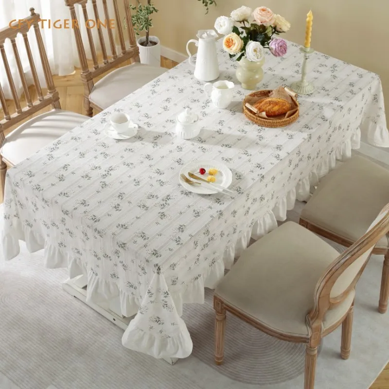 Korean Pure Cotton Ruffle Edge Tablecloth Thickened Tassels Antifouling Rectangular Tablecloth with Tassel Table Cover