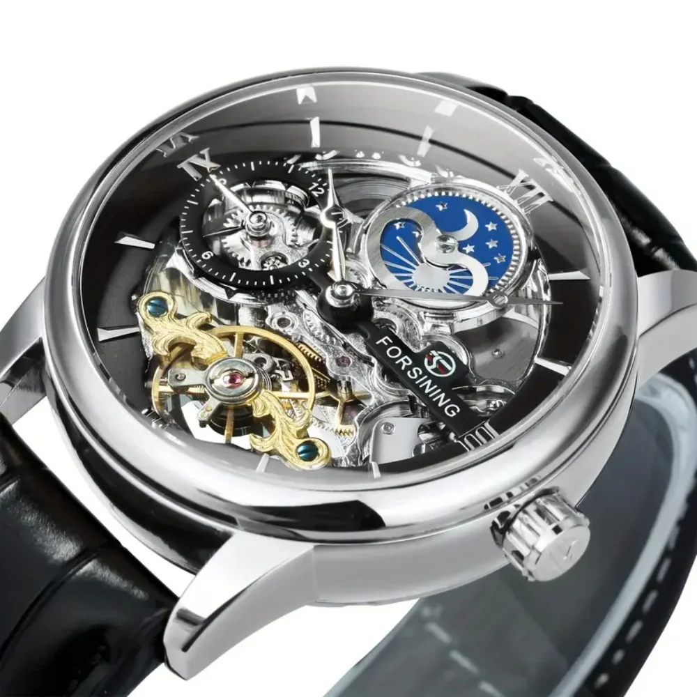 Luxurious and Fashionable Tourbillon Frame Automatic Mechanical Watch for Men, Hollow Design, Waterproof, Leather Strap, Business Casual, Simple, Versatile, Trendy Men's Watch, Gift Option