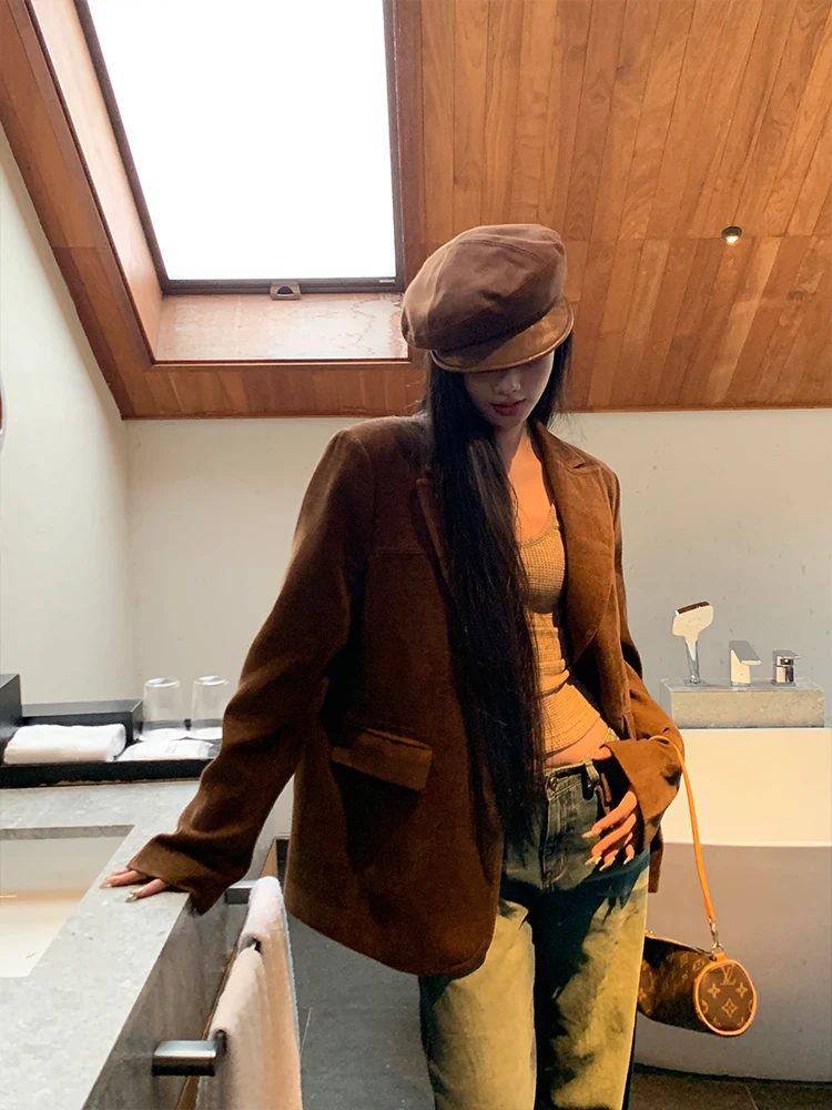 

Agu One 2024 New Autumn Retro High-End Loose Women's Suit Jaet Commute Sle Long Sve Single Button Classic Collar