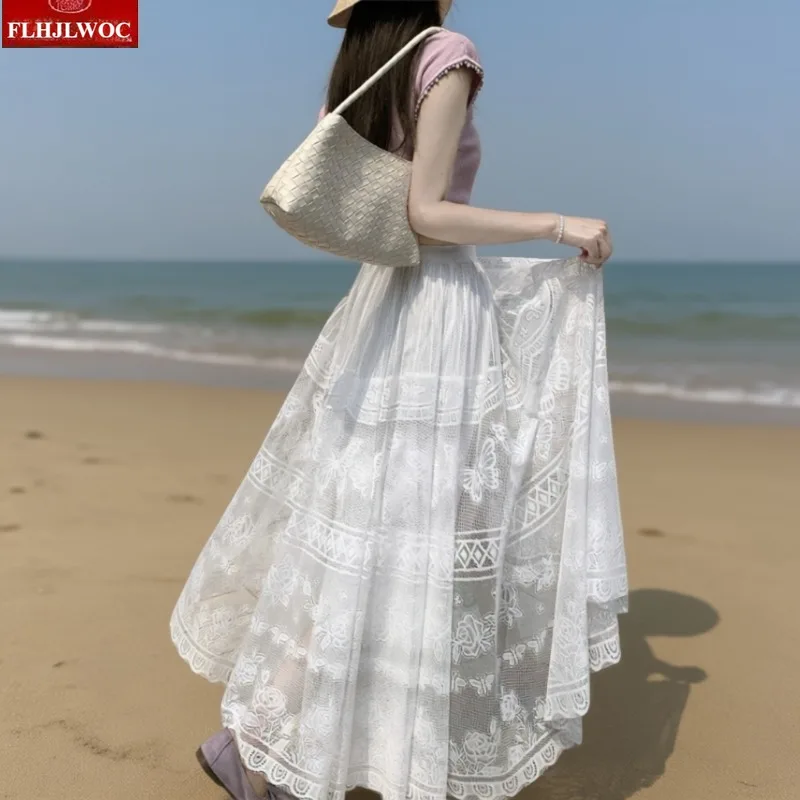 Long Maxi Romantic Lace Skirts New 2026 Fashion Women's Elegant Lady Solid Color Fairy Princess Matching Cheongsam Dress Skirt