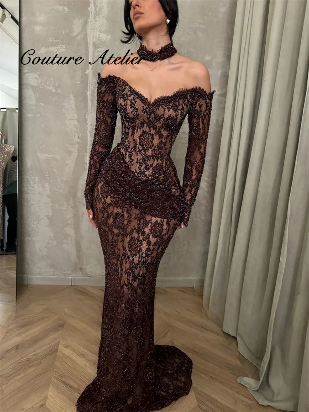 

Femininity Sleeveless Wedding Party Gowns Bridesmaid Dresses Brown Lace Long Sleeve Evening Dress Back New Prom Customized