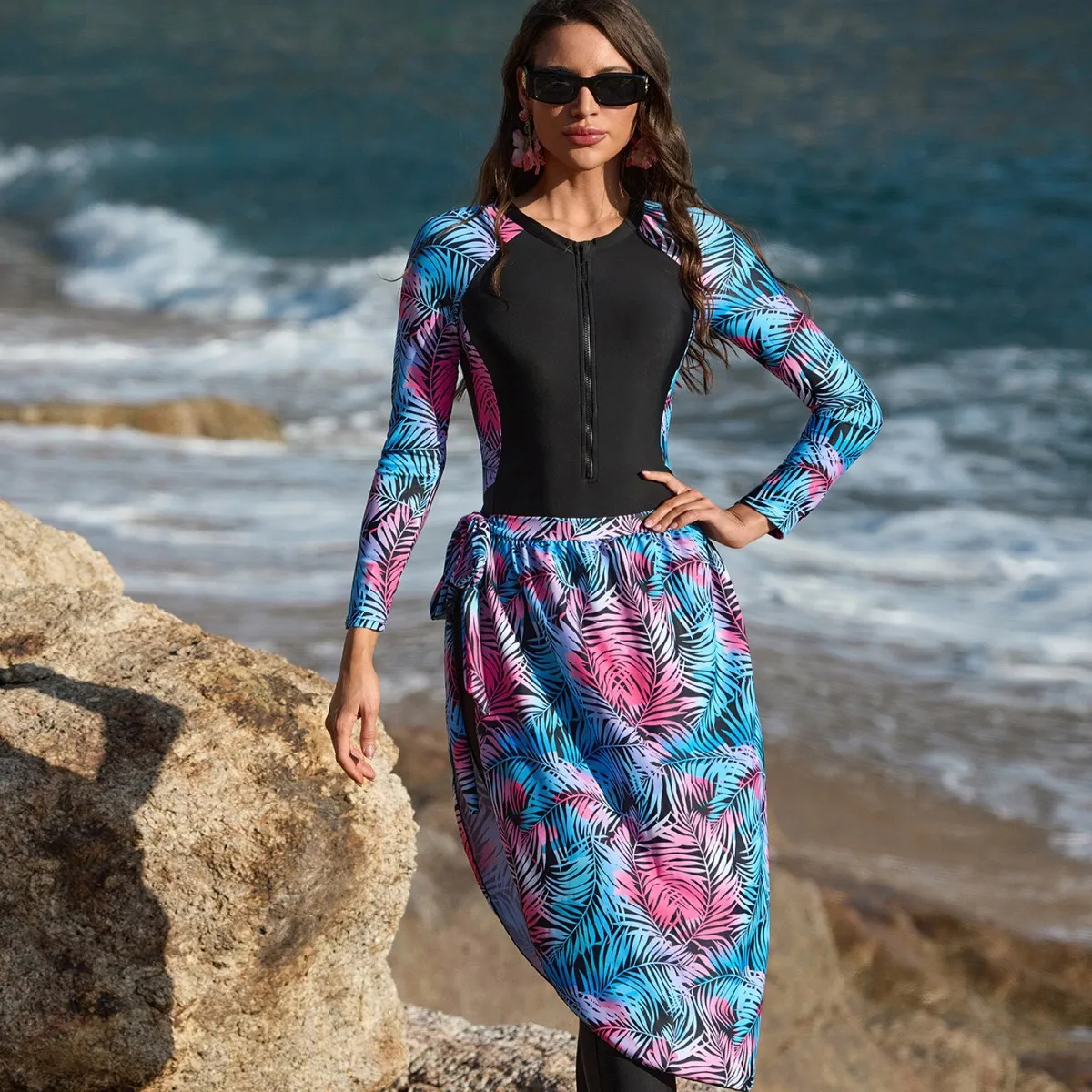 2026 New Women Leaf Print Burkini 2‑Piece Swimsuit Zipper Long Sleeve Top Wrap Skirt Modest Muslim Full Cover Beach Swimwear Set