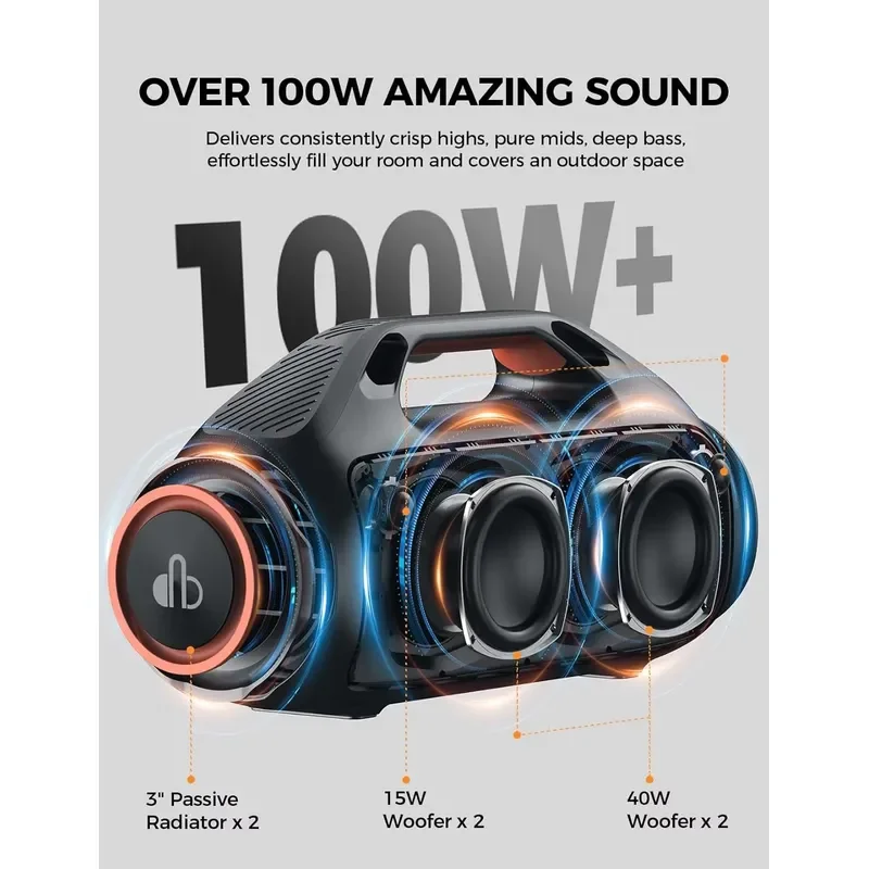 for EX-BASS Portable 100W Bluetooth Speaker IPX7 Waterproof 30H Playtime TWS Big Subwoofer for Car Backyard Carrying