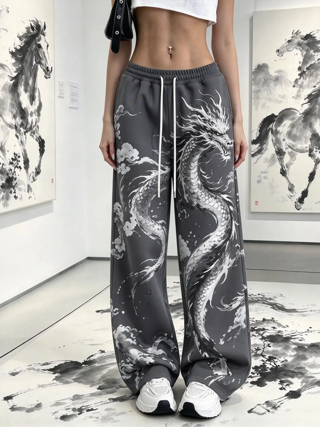Women Ink Painting Print Wide Leg Sweatpants Dragon Crane Horse Pattern Drawstring Loose Trousers