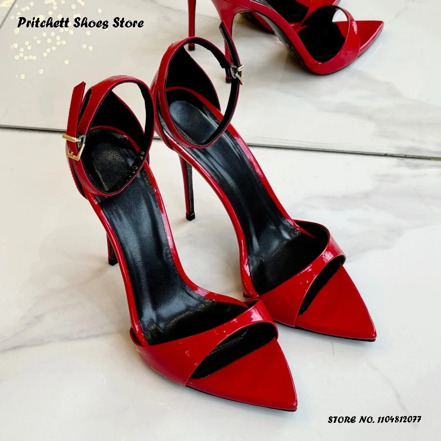 Women's 12cm Patent Leather Sandals Summer Buckle Strap Wedding Banquet Dress Shoes Fashion Pointed Open Toe High Stiletto Heels