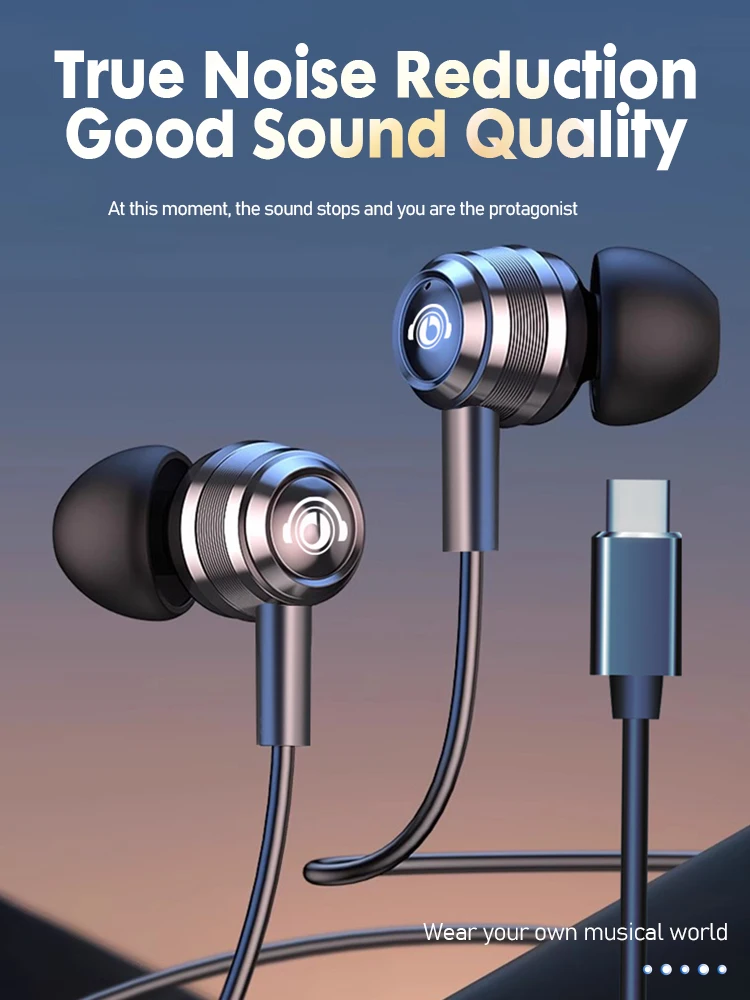 Słuchawki przewodowe J109 z doskonałą jakością dźwięku, słuchawki douszne z złączem Type-C i gniazdem 3,5 mm, słuchawki stereo HiFi z metalową obudową i mikrofonem. — zdjęcie produktu 7