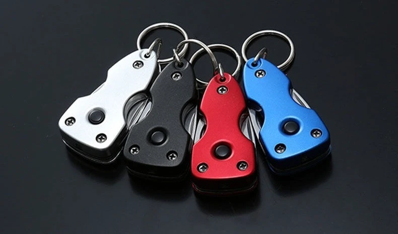 Obeng Mini Lipat 6-In-1 Portabel dengan Senter LED Kit Perlengkapan Berkemah Mendaki Gantungan Kunci Alat Perbaikan Pisau Pembuka Botol