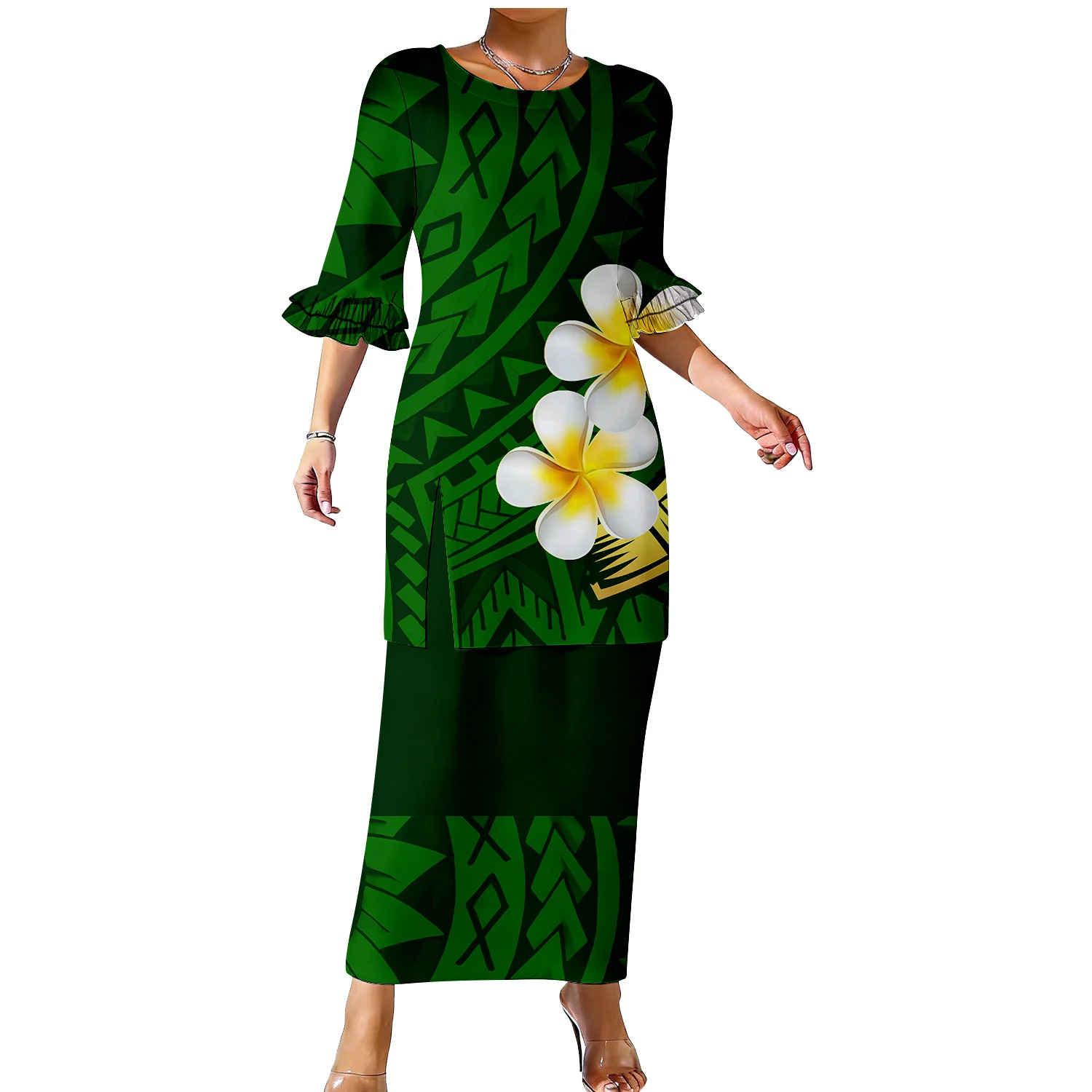 Lady Puletasi Dress Set - Customizable Patterned Print Hawaiian Double-Layer Ruffled Sleeves 2-Piece Set For Summer