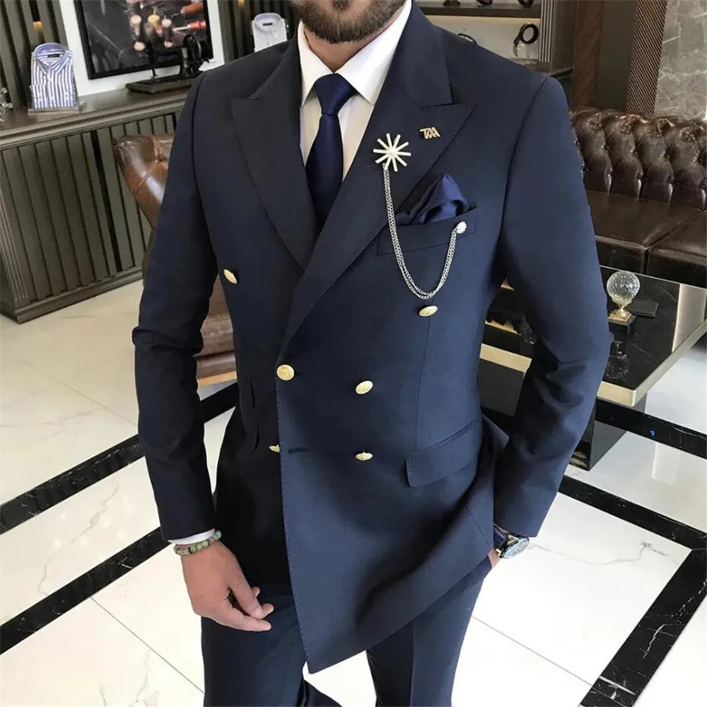 Business Wedding Suits For Men Navy Double Breasted Slim Fit 2 Pieces Formal Groom Party Tuxedo Customized Male Fashion Set 2025