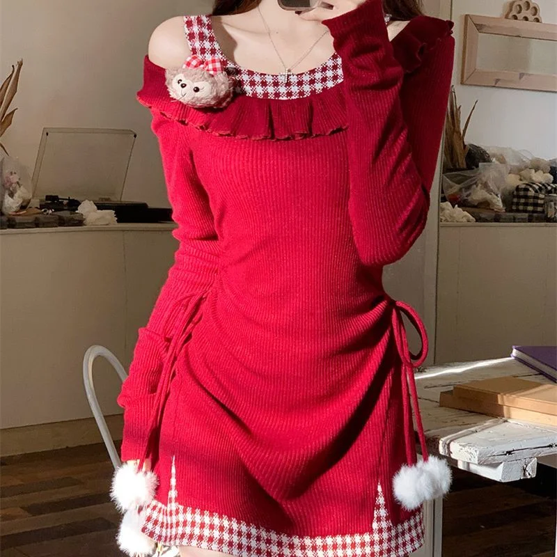 Pulôver feminino de manga comprida cor contraste terno de Natal xadrez vermelho emenda vestidos de quadril
