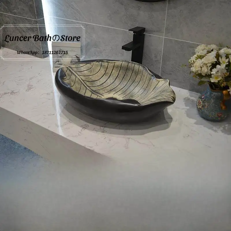 Custom Lotus Leaf Shaped Jingdezhen Ceramic Countertop Basin Weatherproof Outdoor Garden Decor Sink