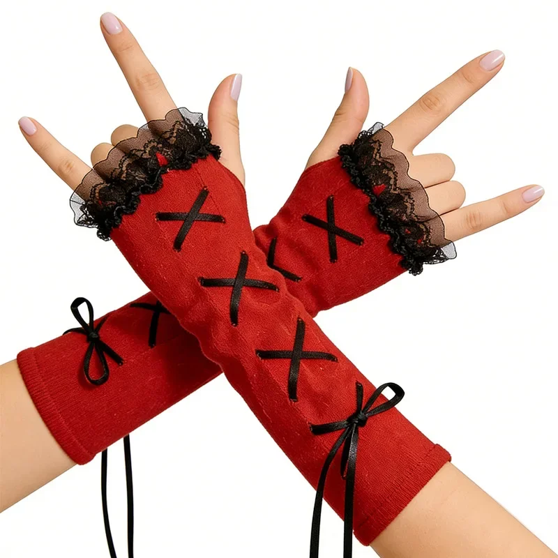 Knitted hand sleeves frozen warm Christmas solid color lace Harajuku personalized rope red sleeves punk style