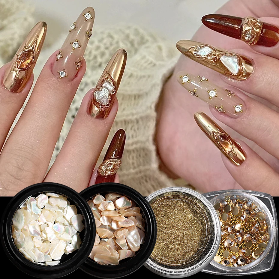 Vintage Nails Decoration Set Glossy Shell Stone Golden Mirror Powder Luxurious Rhinestones Gorgeous Manicure Accessories #GL-725