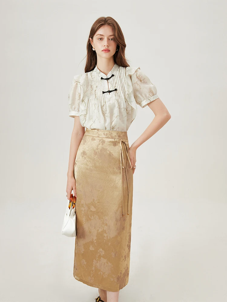 FSLE Jacquard Skirt Women High Waist Khaki Skirts New Chinese Style Summer Long Asymmetric A-LINE Skirt 24FS12901