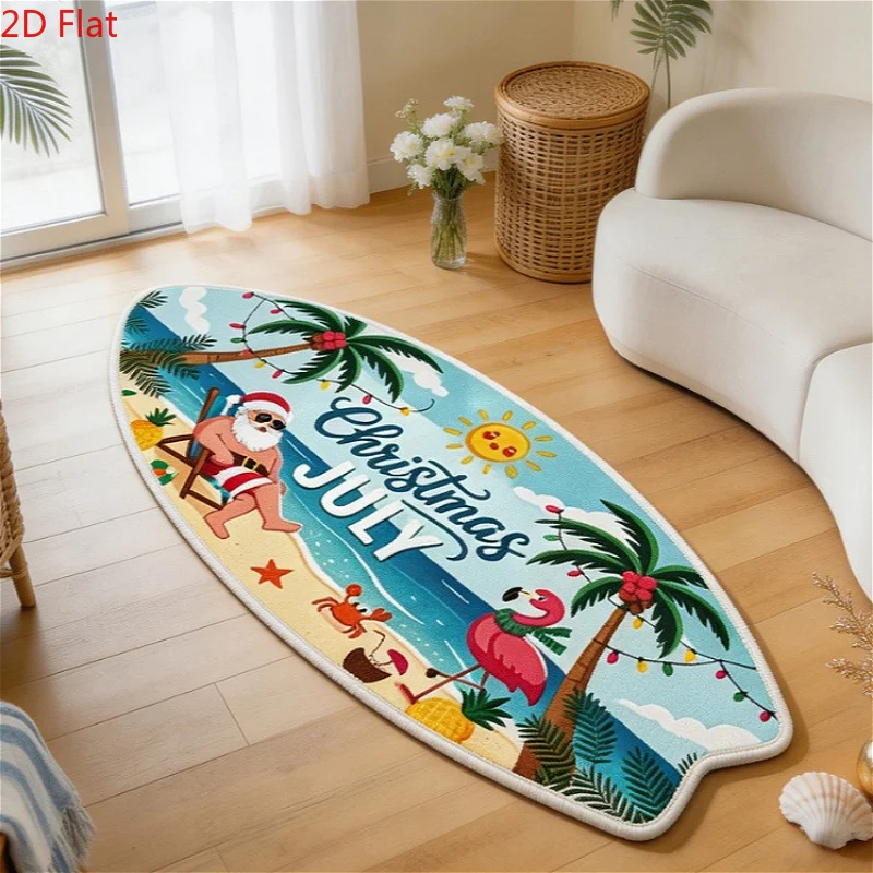 VIKAMA Surfboard Shaped Christmas Area Rug Tropical Beach Santa Flamingo Print Non‑Slip Floor Mat for Holiday Home Decor