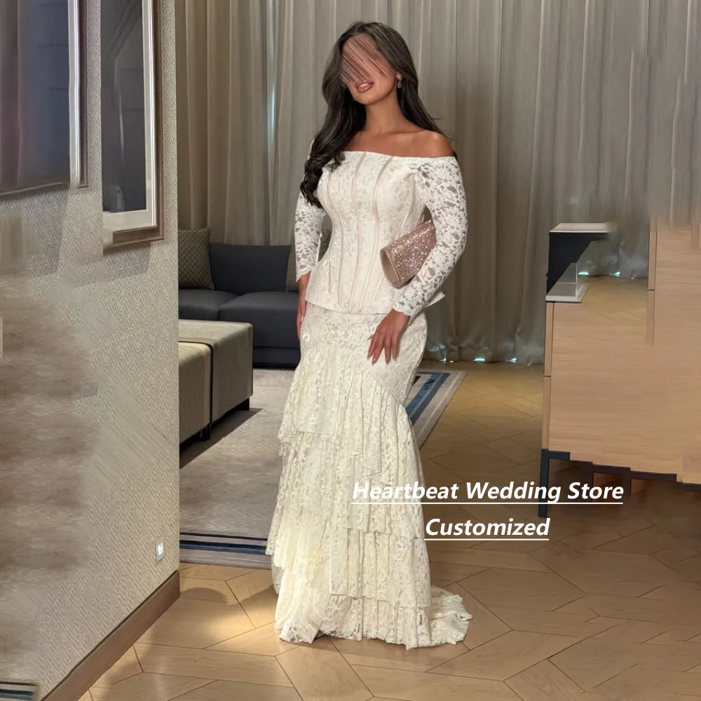 Customized Ivory Lace Mother of the Bride Dresses Off Shoulder Long Sleeve Corset Tiered Ruffle Mermaid Formal Party Dress