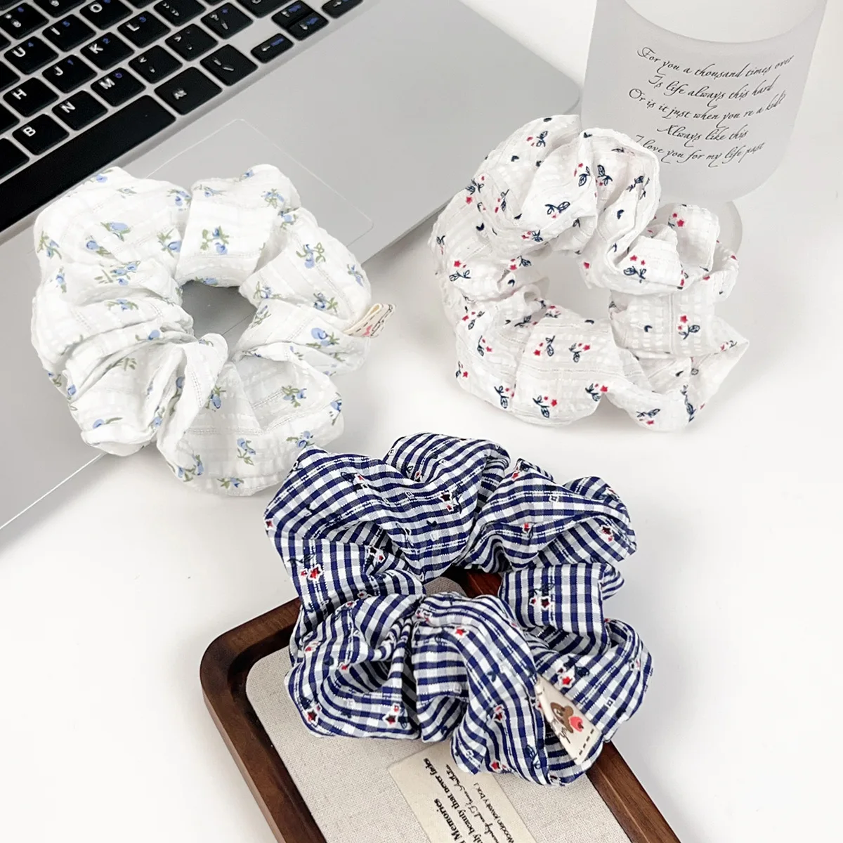 Wholesale Korean New Hair Accessories Simple Garden Style Headstring Vintage Small Flora Blue Stripe Elastic Scrunchie Hair Rope