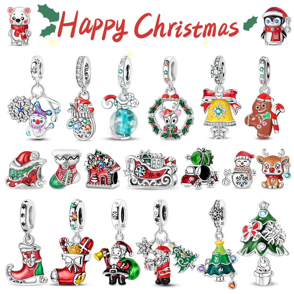 Merry Christmas 925 Sterling Silver Bell Snowman Christmas Tree Old Man Charm Fit DIY Bracelet Necklace Seasonal Holiday Gifts