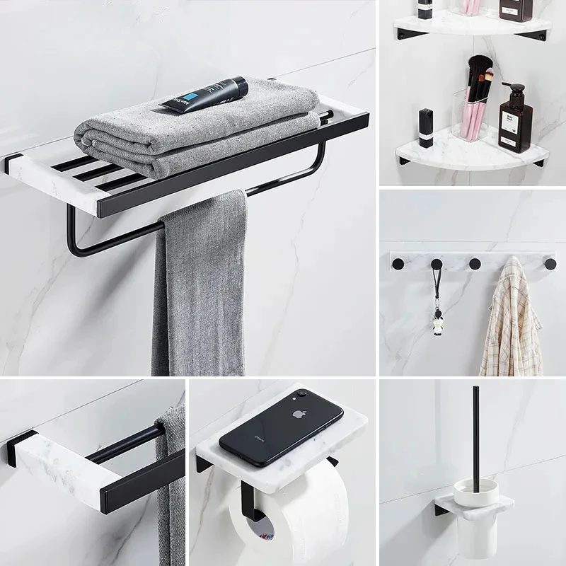 

Bathroom Accessories Set Black Bathroom Shelf,Towel Rack,Towel Hanger Paper holder,Toilet Brush Holder Marble & Brass