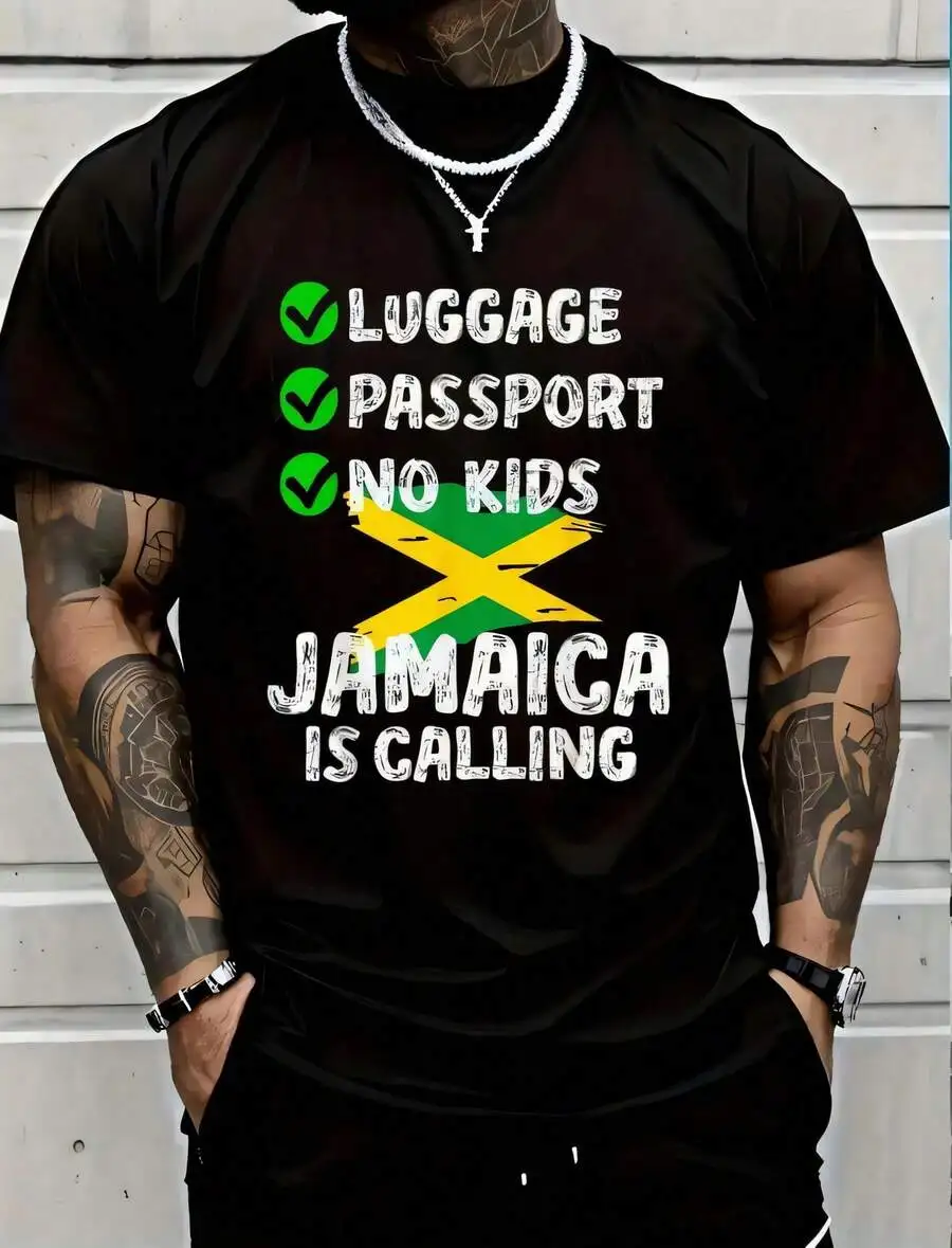 1pc Man' Jamaica Flag Travel Checklist Print Black TShirt Crew Neck Casual Cotton Tee Medium Stretch Knit Fabric Regular Fit For