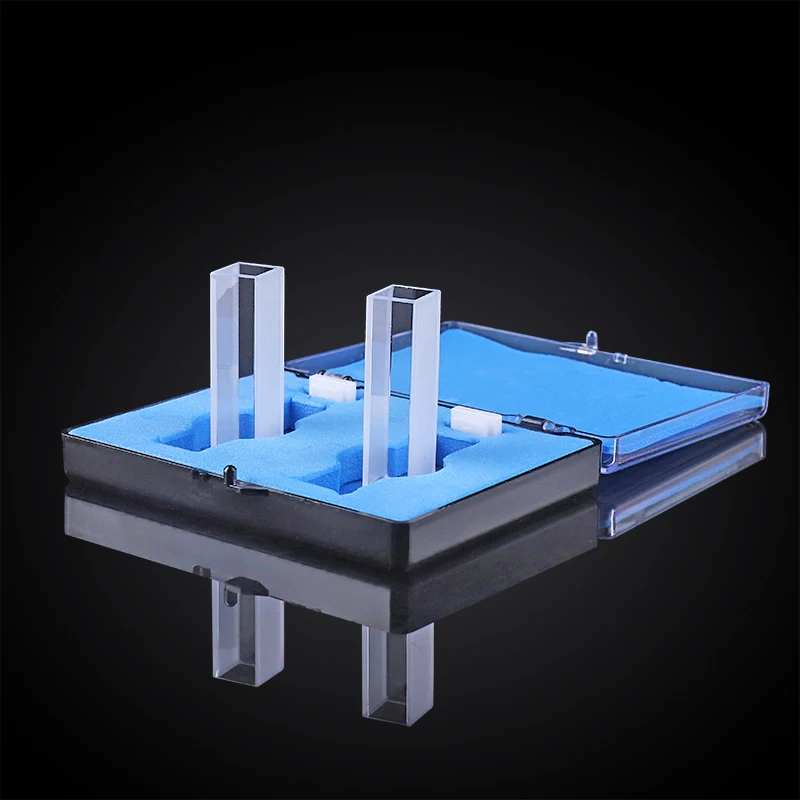 2 standard quartz fluorescence cuvettes with lids (5-50mm), two sides transparent, high light transmittance