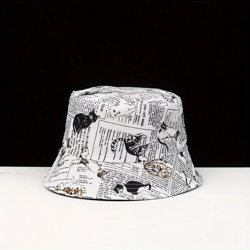 

Reversible Newspapers Cat Print Bucket Hats Breathable Sun Protection Fisherman Hat For Men Women Summer Sports Hiking Bob Cap