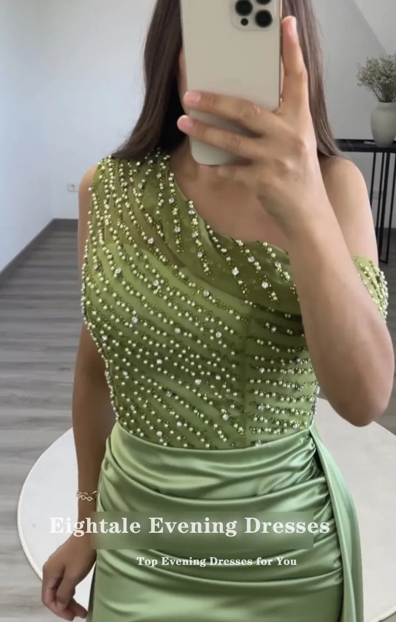 Eightale Olive Green Prom Dresses for Wedding Satin One Shoulder Beaded Evening Gown Dubai Side Slit Party Dress robes de soirée