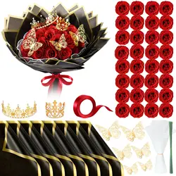 24/36Pcs Glitter Artificial Eternal Red Rose Bouquet Forever Rose Flower Bouquet Silk Fake Flower Valentine's Day Birthday Gift