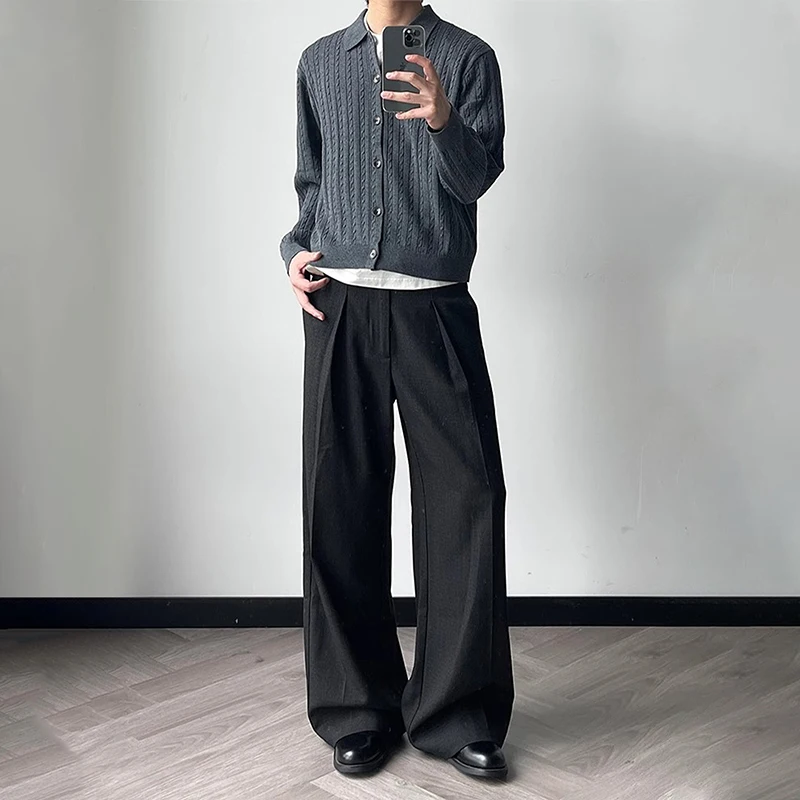 WTHT Fashion Men's Solid Color Pleated Blazer Pants Trendy American Style High-waisted Straight Trousers Male 2025 Autumn 2A2399
