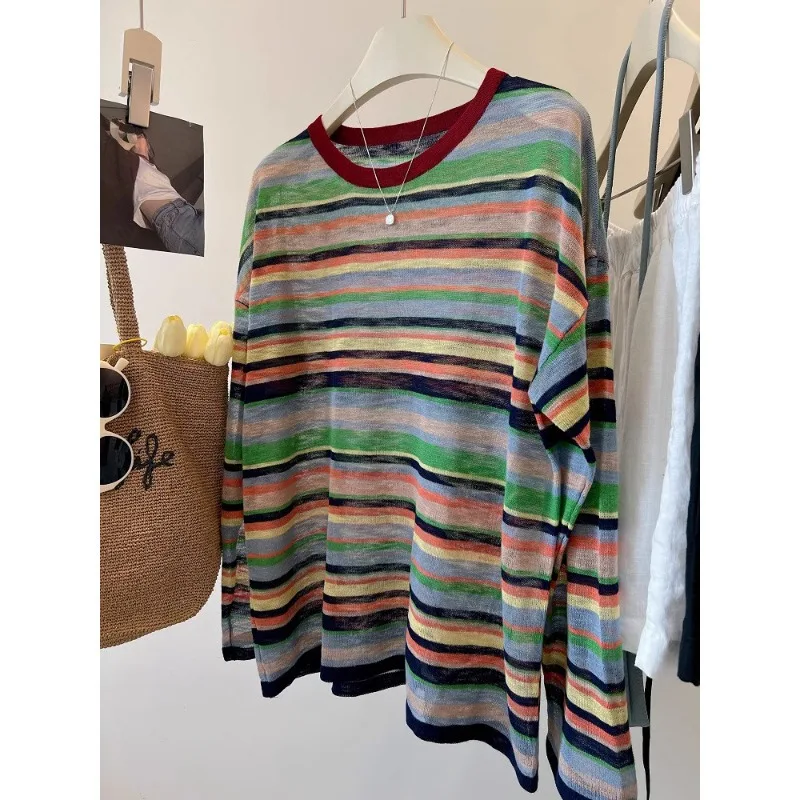 Korean Style Women Rainbow Stripe Knit Sun Protection Top Long Sleeve Loose Breathable Snow Cotton Commute Casual Blouse