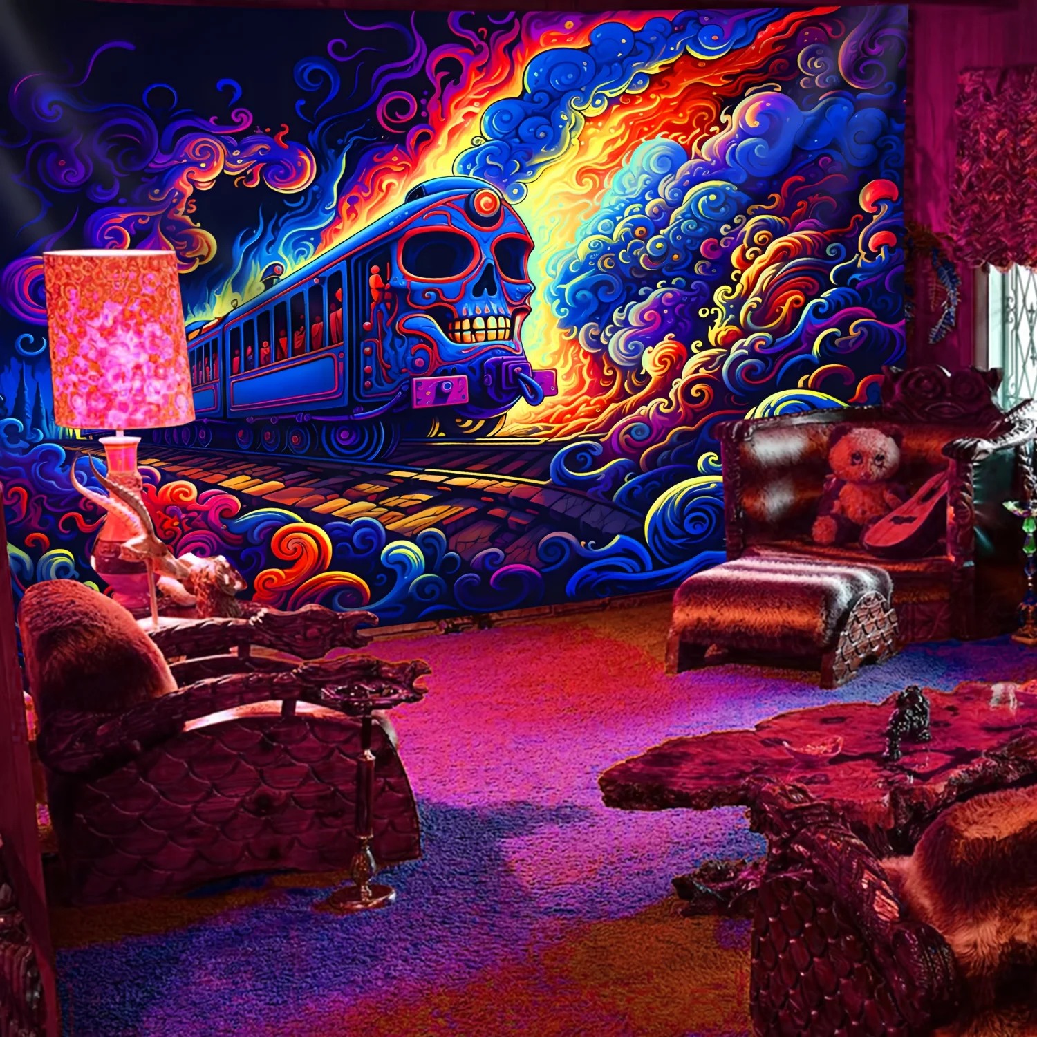 Skull Train Wall Tapestry Psychedelic Art Neon Fire Design Blacklight Glow Mural Boho Decor For Room And Festival Vibes