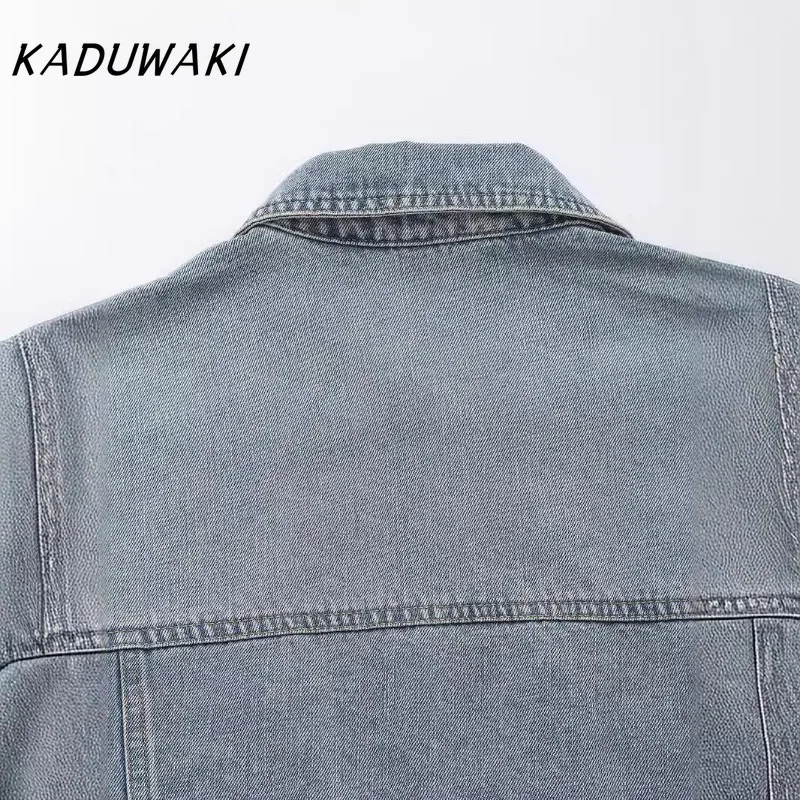 Kaduwaki Mode Klassieke Revers Lange Mouw Faux Denim Tops Casual Trend Geplooide Single Breasted Zak Denim Jas Пальто Женское