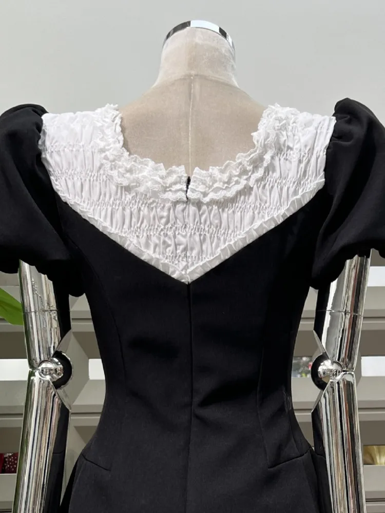 Dfdg feminino preto retalhos puff manga curta smocked cintura vestido elegante designer premium cocktail festa primavera verão 2025