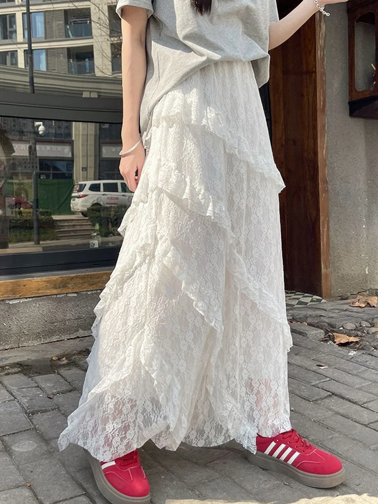 Jupe longue en dentelle blanche et maille pour femmes, Style Preppy doux, élégante, taille haute, Vintage, décontractée, Patchwork, ample, mignonne