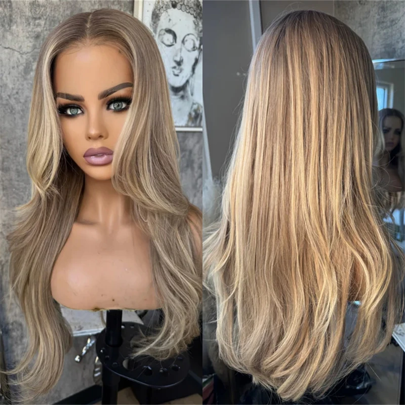 

24-дюймовый мелированный синтетический парик Ombre Пепельно-русый Коричневый Мягкий HD Прозрачный парик шнурка Натуральная линия волос Термостойкий Ежедневное использование