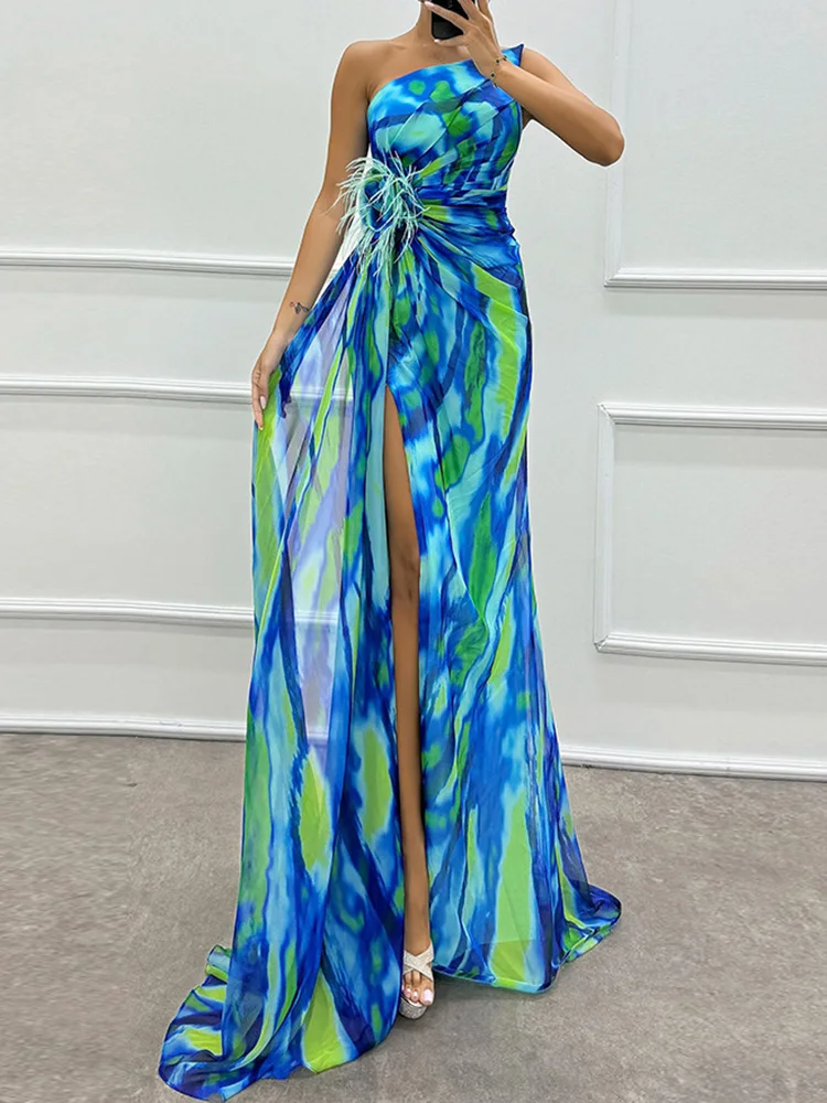 

Skew Collar Fashion Printed Party Dress, Women Summer Sleeveless Patchwork Simple Maxi Dress, 2024 Backless Elegant Ladies Dress