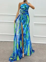Skew Collar Fashion Printed Party Dress, Women Summer Sleeveless Patchwork Simple Maxi Dress, 2024 Backless Elegant Ladies Dress