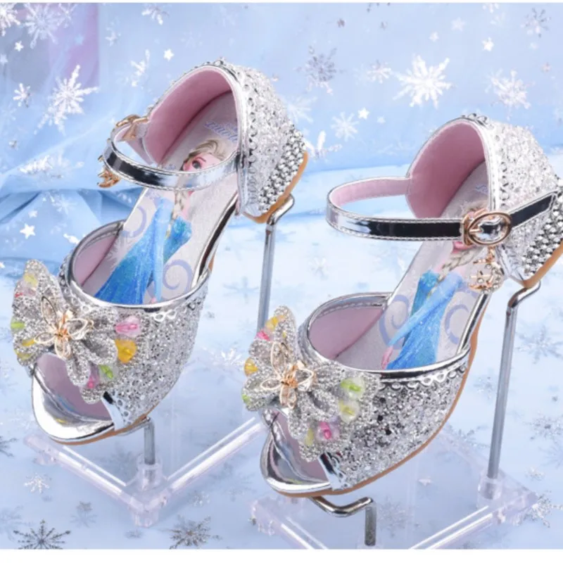 디즈니 겨울왕국 2 엘사 공주 코스프레 샌들 여성용 청소년 및 어린이 - 크리스탈 하이힐 캣워크 쇼 신발 반짝이는 라인스톤