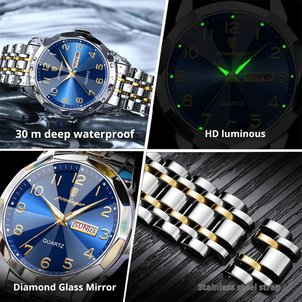 POEDAGAR Brand New Luxury Couple Watch For Men Women Number Dial Rhombus Mirror Hand Clock Stainless Steel Quartz Watches